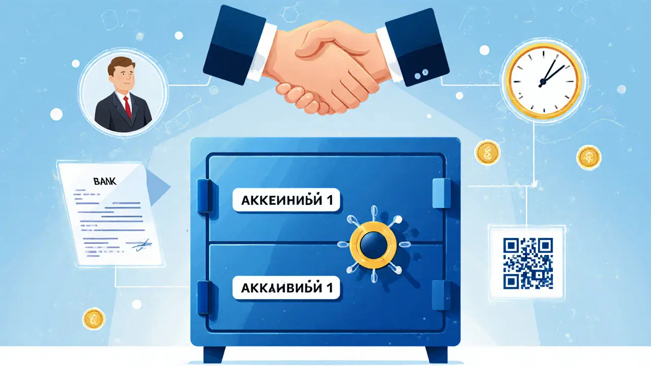 Банковский сейф с двумя аккредитивами, руки покупателя и продавца пожимают друг другу, над ними — цифровые значки сделки.