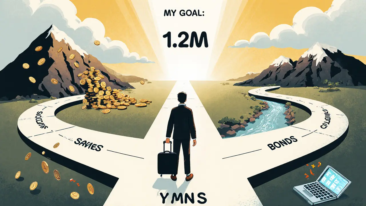 Человек на перекрестке с тремя финансовыми путями: акции, облигации и расчетный план.