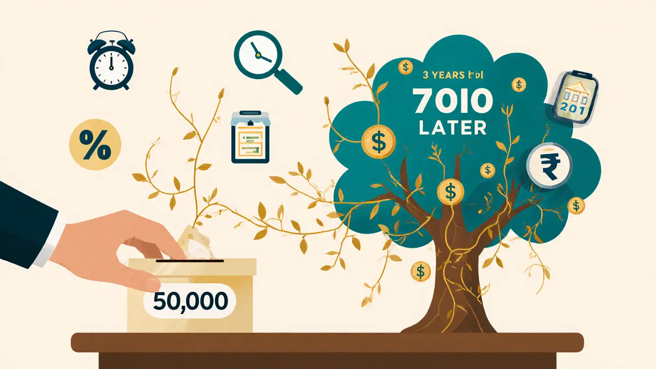 Человек открывает сбережения 50 000 ₽, из коробки растет дерево с доходом через 3 года.