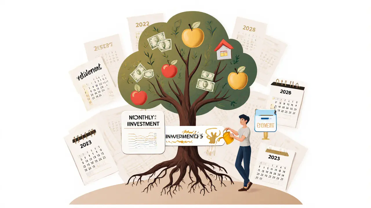 Дерево инвестиций с корнями и ветвями, отражающими краткосрочные, среднесрочные и долгосрочные цели.