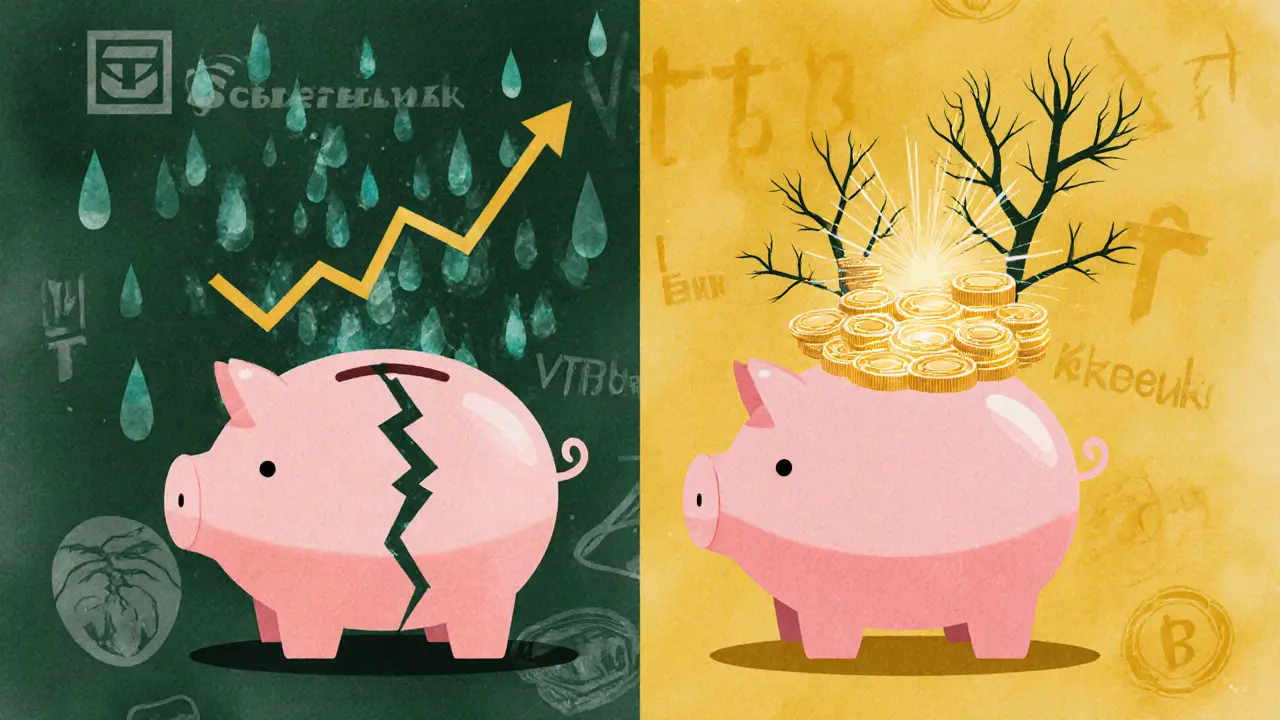 Два банковских счета: один с простыми процентами, другой — со сложными, рост показан графически.