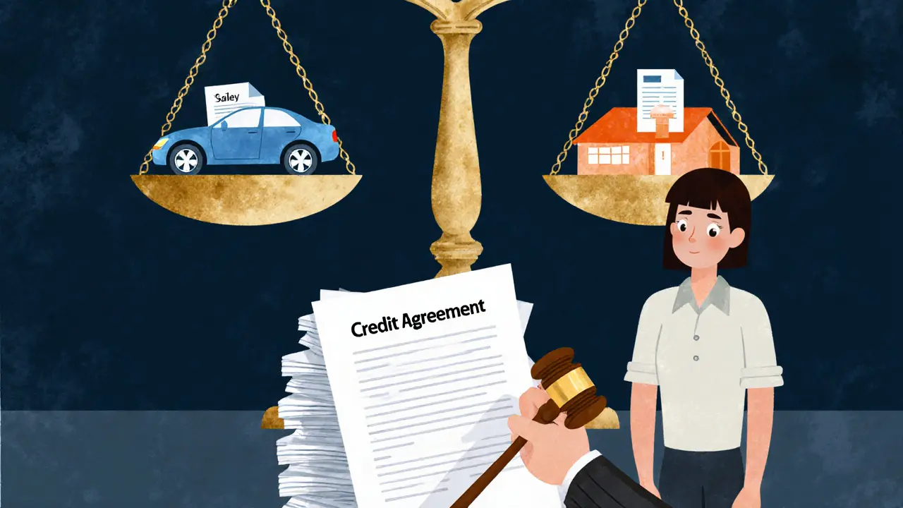 Судебное заседание с весами, на которых лежат машина, дом и зарплата