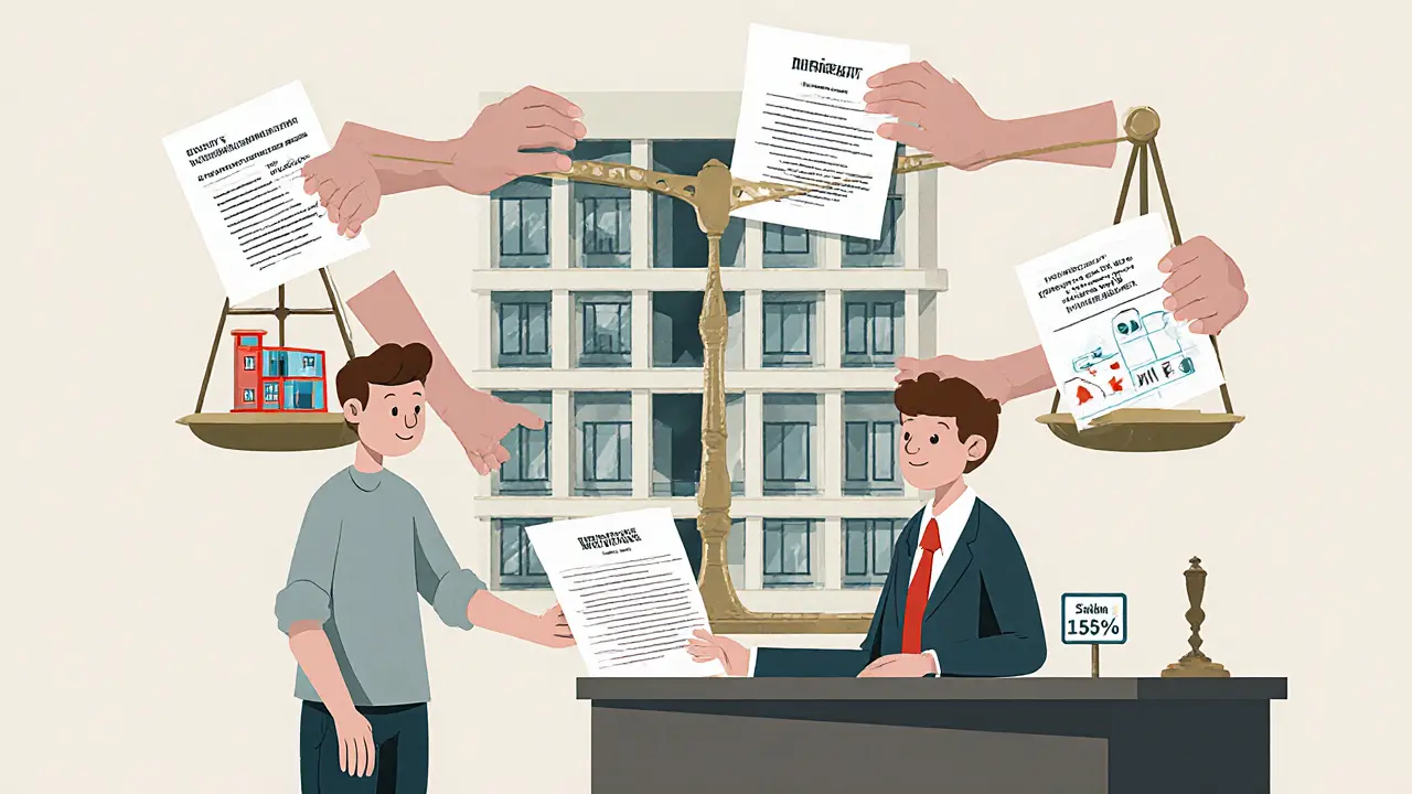 Банковский служащий выдает кредит, а весы сравнивают долю квартиры с целым домом.