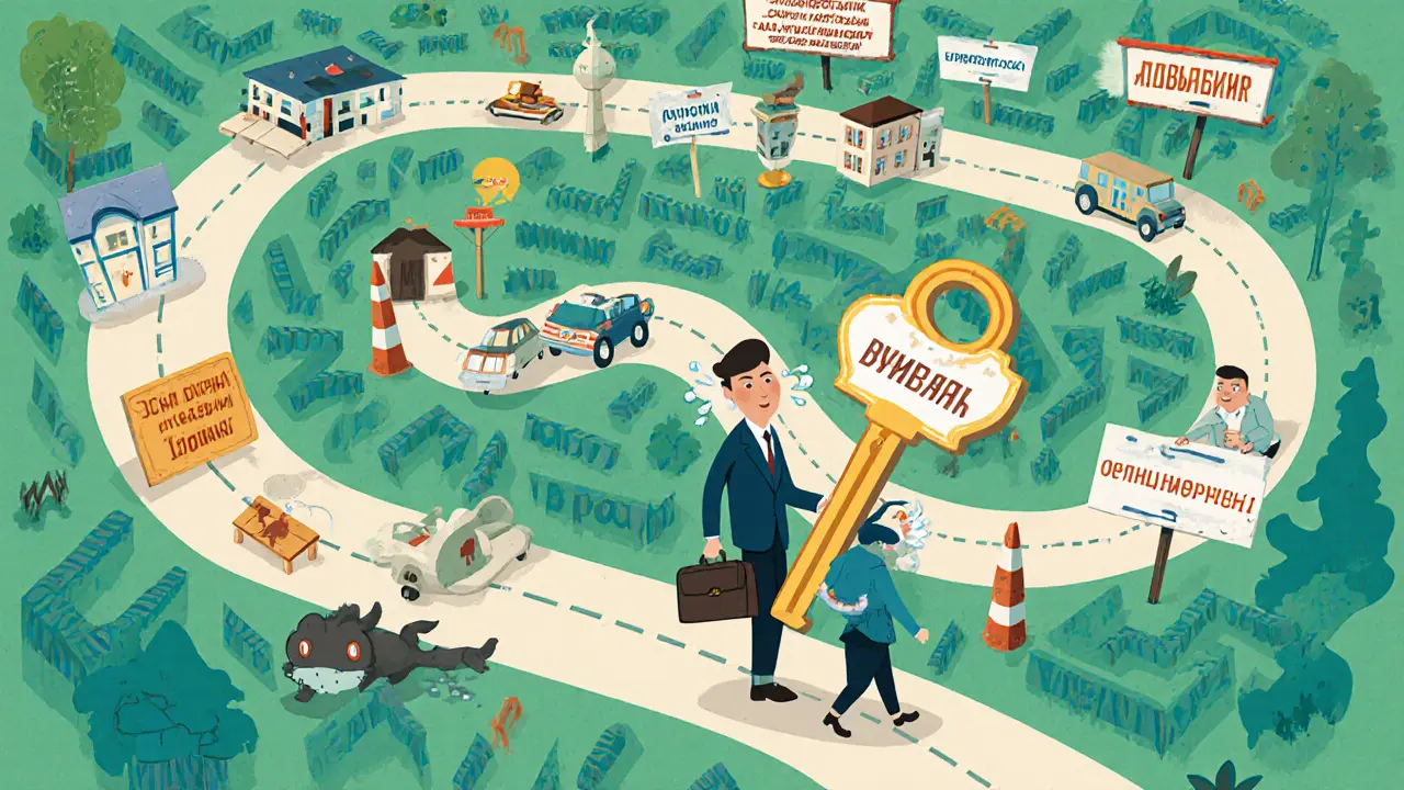 Человек проходит через лабиринт из препятствий при оформлении ипотеки на долю в квартире.