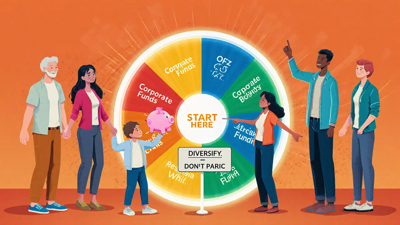 Группа людей держит круговой инвестиционный диск с разными активами, ребенок кладет копилку — символ начала пути.