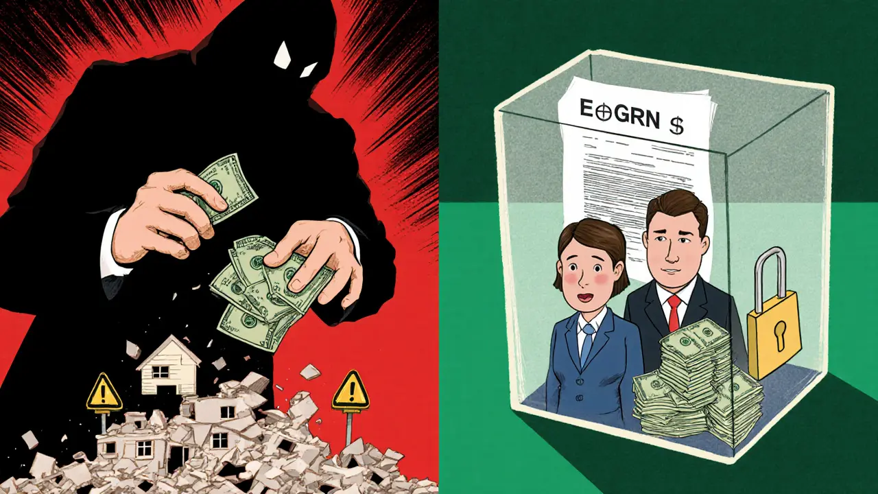 Контраст: слева — мошенник крадёт наличные, справа — безопасная сделка в прозрачной коробке с банком как посредником.