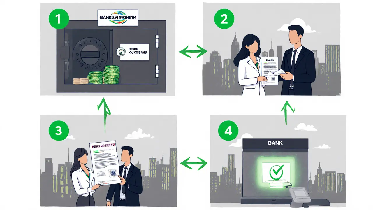 Пошаговая иллюстрация процесса аккредитива: перевод денег, регистрация права, проверка документов и автоматический перевод средств.