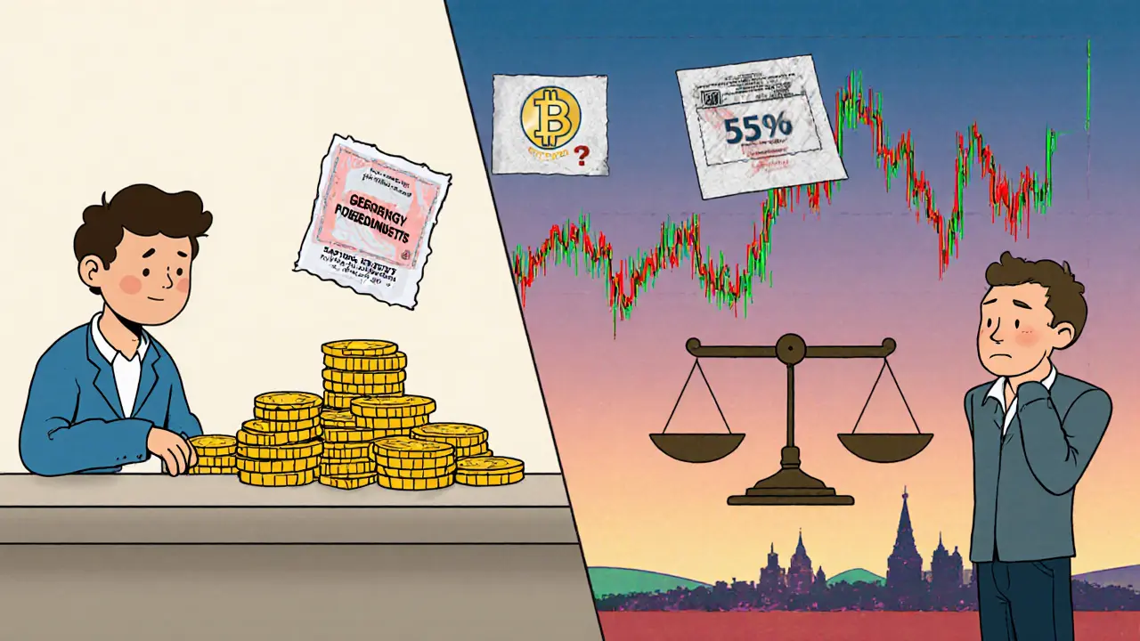 Сравнение спокойной покупки золотых монет и панического наблюдения за криптовалютой с предупреждением о риске.