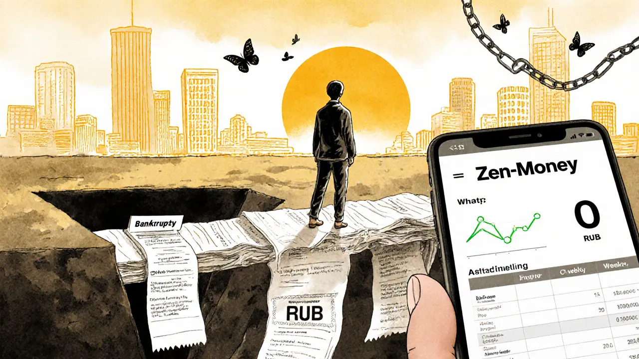 Человек переходит от долгов к финансовой свободе, глядя на прогресс в приложении