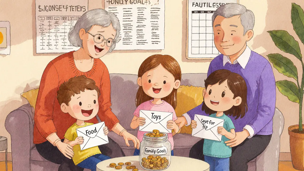 Дети кладут монеты в конверты с метками &#039;Еда&#039;, &#039;Игрушки&#039;, &#039;Поездка&#039;.