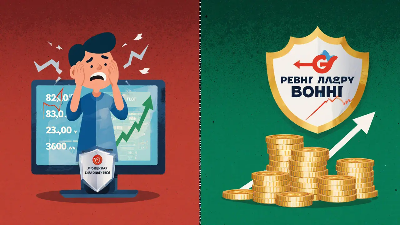 Два сценария: паническая продажа акций слева и спокойная покупка защитных компаний справа.