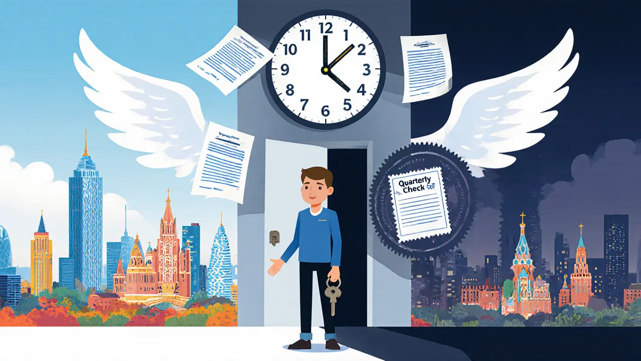 Мужчина стоит у двери новой квартиры на Дальнем Востоке, над ним — обратный отсчёт 270 дней, документы поднимаются как крылья, тень банка нависает.