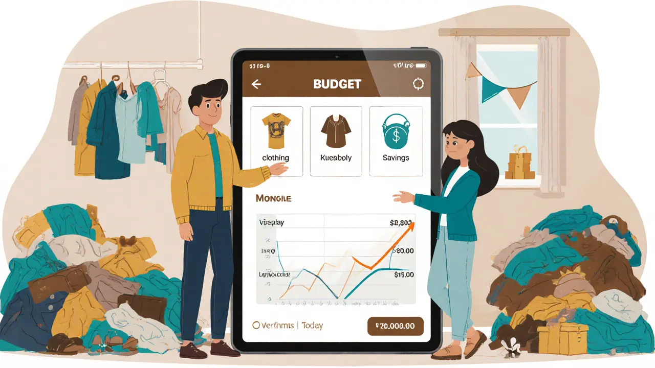 Родитель и подросток смотрят на приложение для управления финансами.