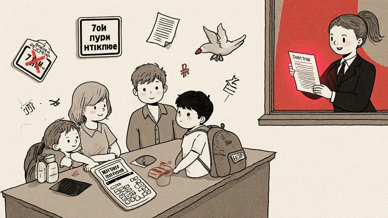 Семья за столом считает расходы на переезд: ипотека, работа, дети, лечение — надежда улетает в окно, банк подаёт контракт с мелким шрифтом.