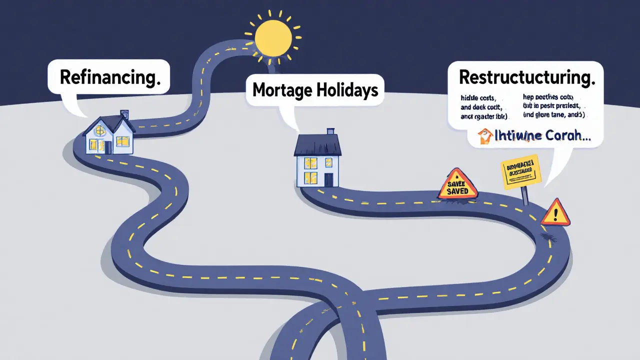 Схема сравнения реструктуризации, ипотечных каникул и рефинансирования с визуальными путями.