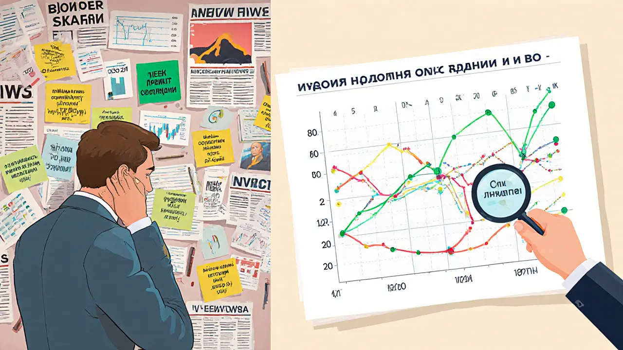 Сравнение хаотичного мышления и упорядоченного анализа инвестиций с цветовой кодировкой сделок.