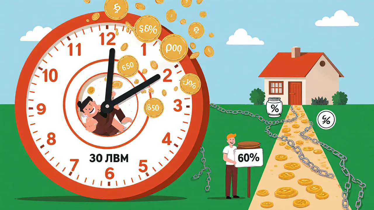 Человек в ловушке долгового часа, рядом — другой человек с копилкой и домом под 6% процентов.