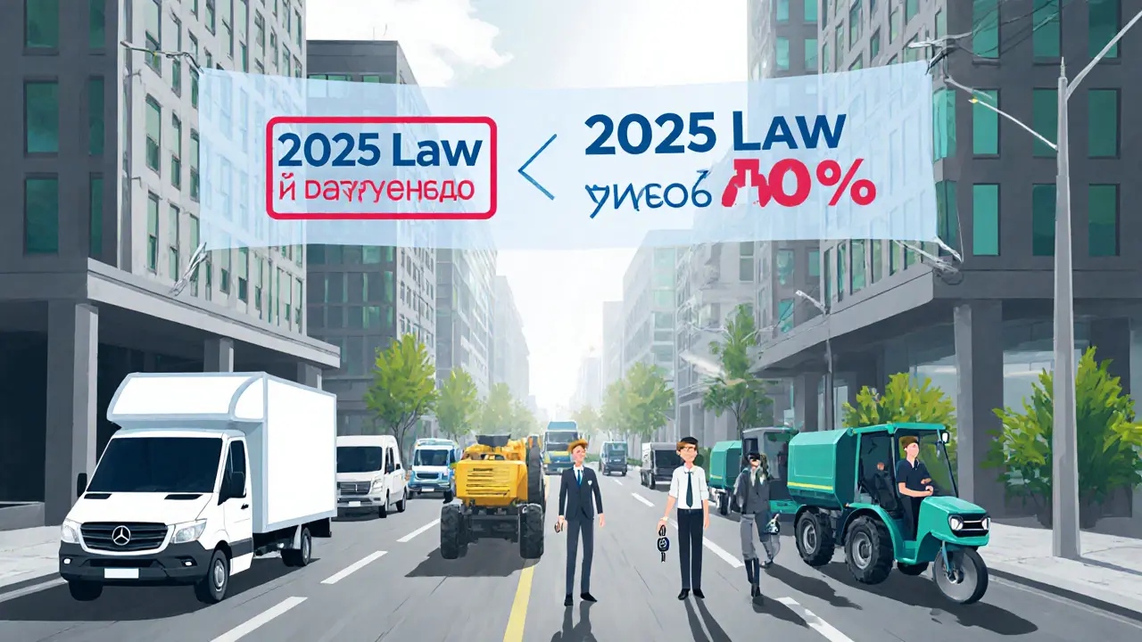 Городская сцена с коммерческим транспортом и законами 2025 года на фоне.