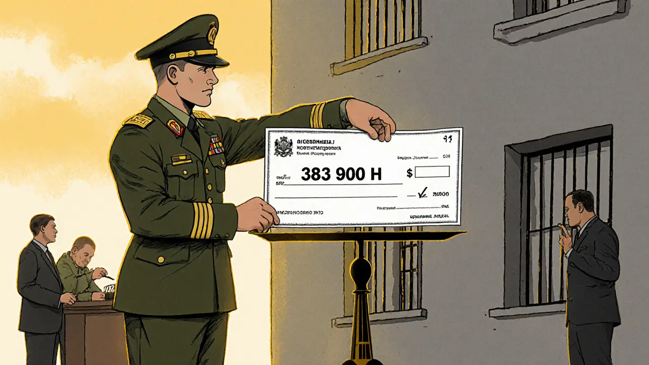 Солдат кладёт государственный чек на весы с домом, другие соискатели без денег отвергнуты банком.