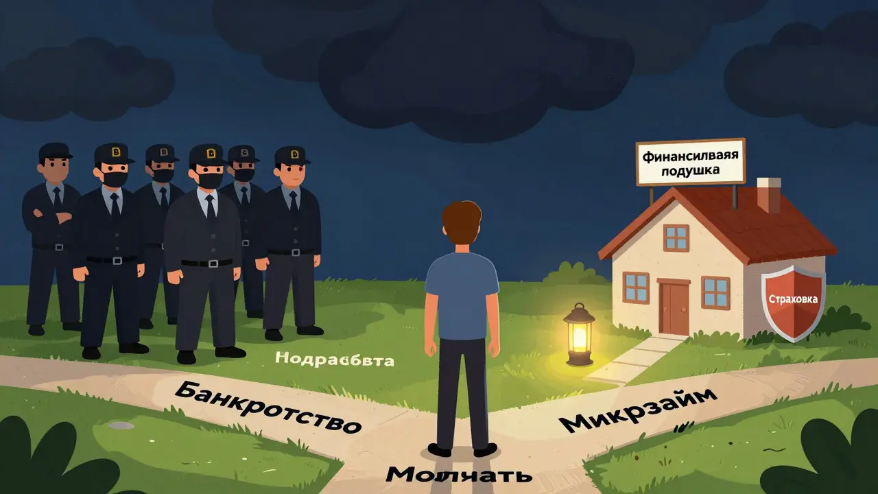 Человек на перекрестке с путями: банкротство, подработка, микрозайм и молчание, выбирая безопасный путь к финансовой защите.