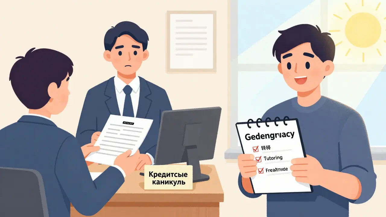 Человек передает банку документы о трудностях, а рядом — список подработок, символизирующих выход из кризиса.