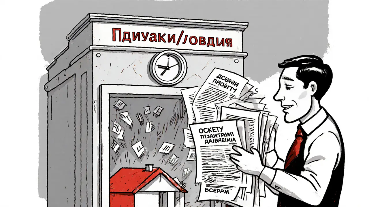 Человек с документами перед банком, часы спешат, дом строится внутри сейфа.