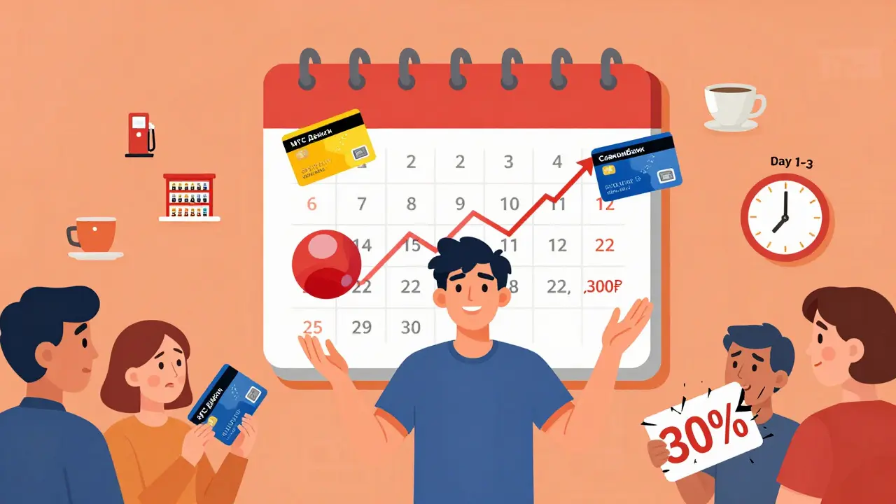 Человек умело жонглирует тремя дебетовыми картами для максимального кэшбэка в разных категориях расходов.