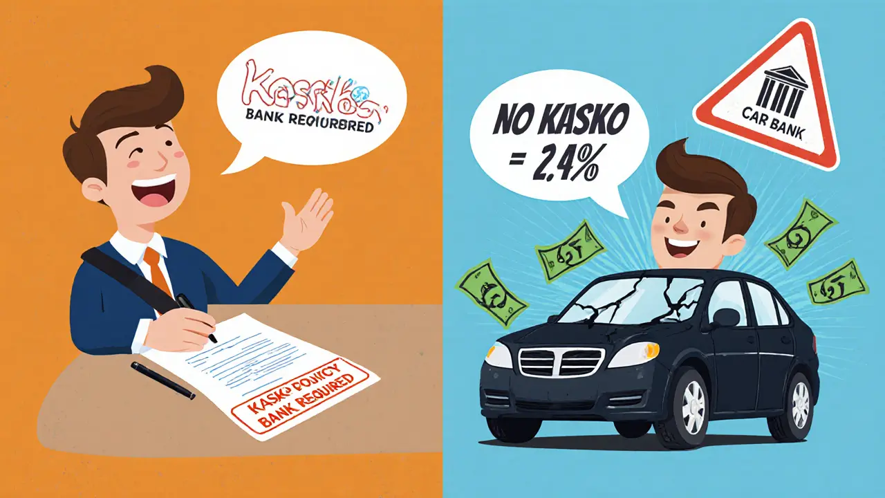 Два сценария кредита: с КАСКО — низкая ставка, без — высокая ставка и разбитая машина.
