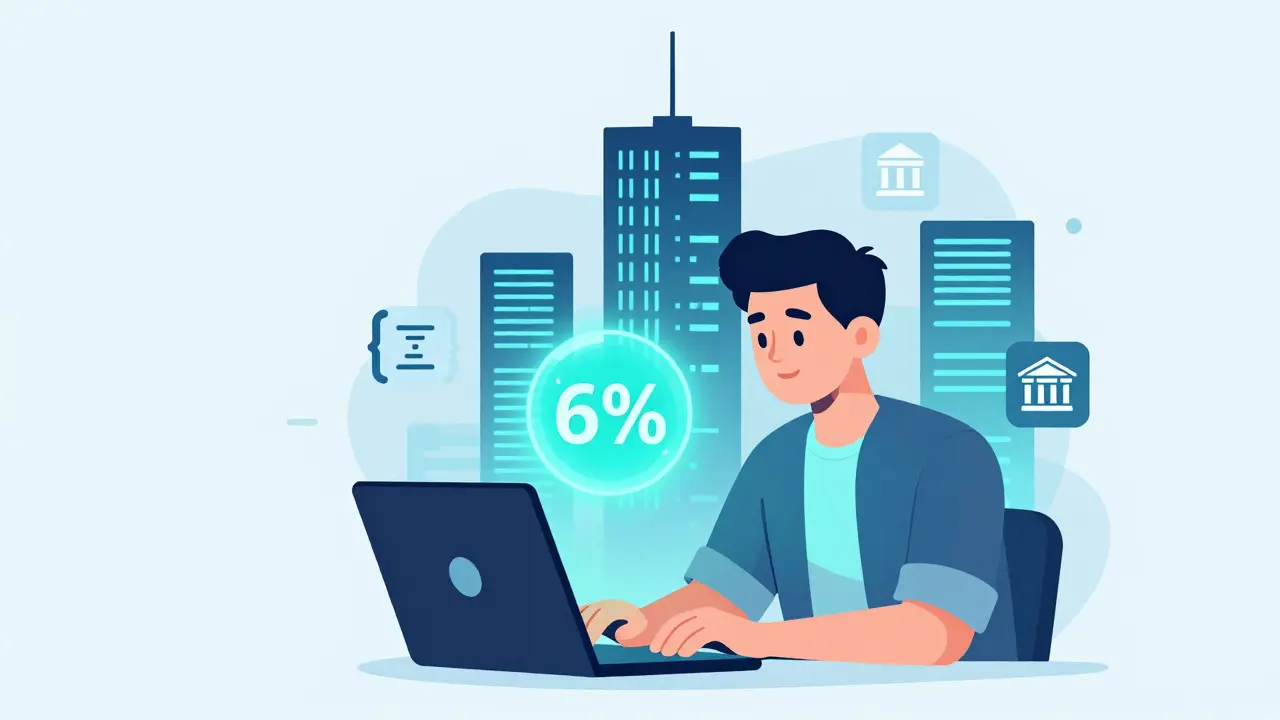 IT-специалист получает ипотеку под 6% без детей, за работой на ноутбуке в городе.