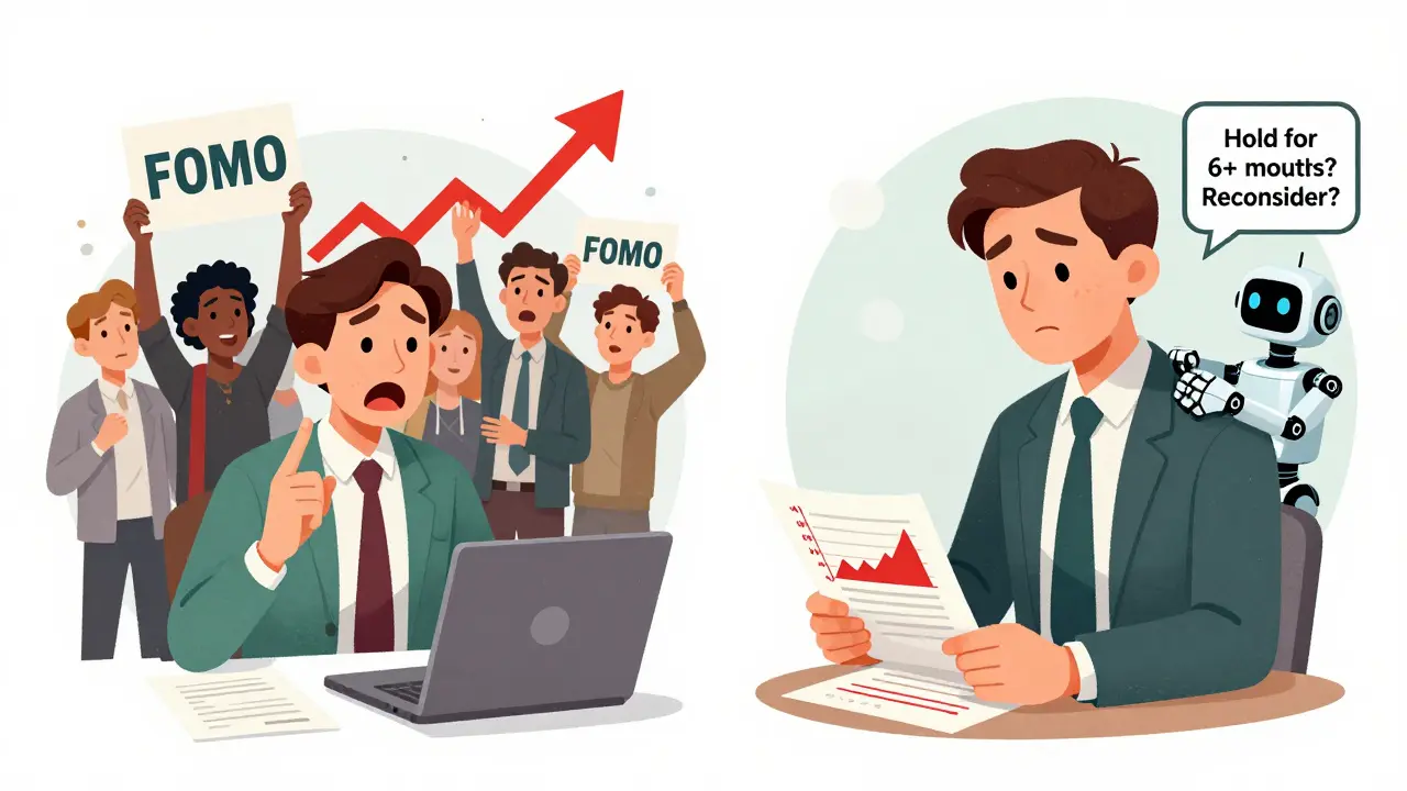 Разделённая сцена: слева — инвестор покупает на пике из-за FOMO, справа — он один с убыточным портфелем и предупреждением от ИИ.