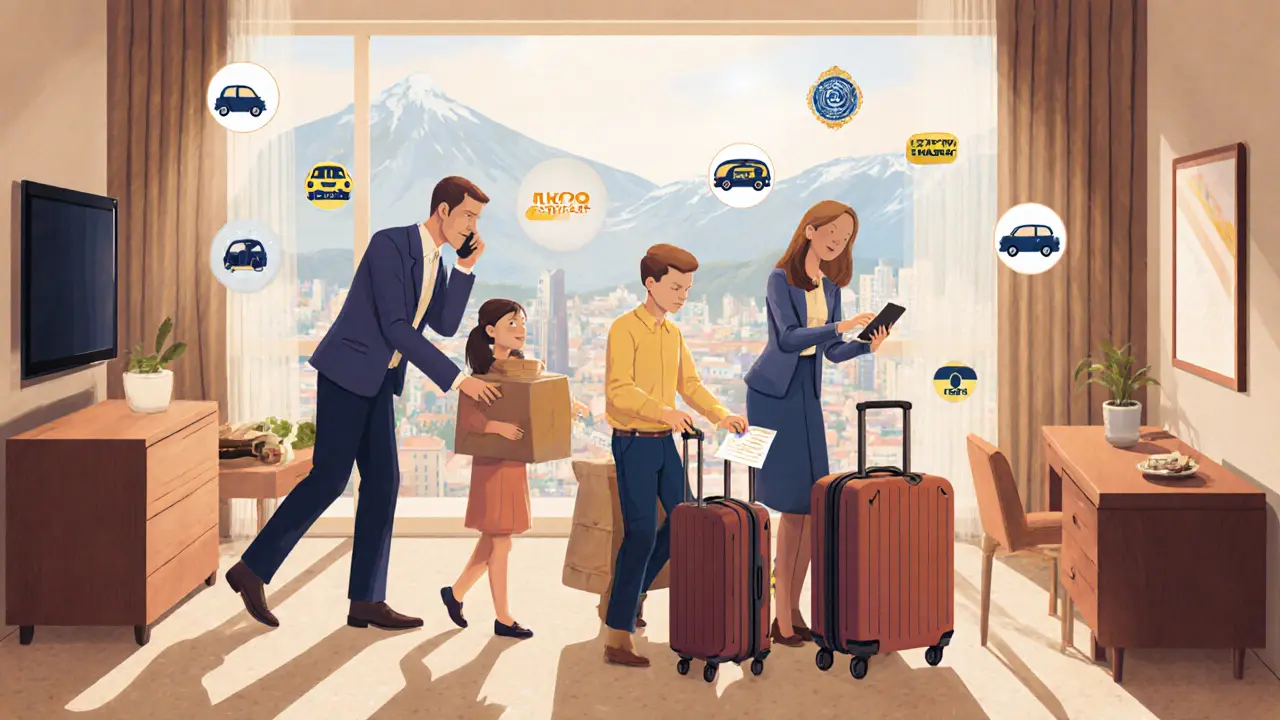 Семья в отеле в Тбилиси, получает кешбэк и консьерж-услуги через телефон.