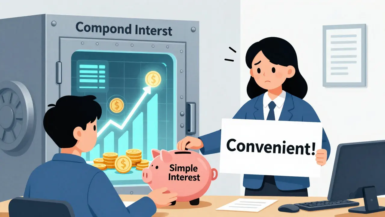 Банковский сотрудник предлагает удобный вклад без капитализации, в фоне — будущее с эффективным сложным процентом.