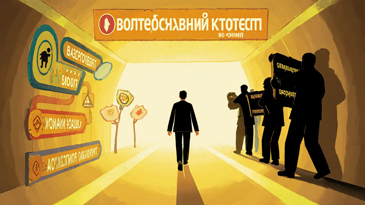 Человек идет по светлому пути к получению кредита, позади — тени мошенников и переплат.