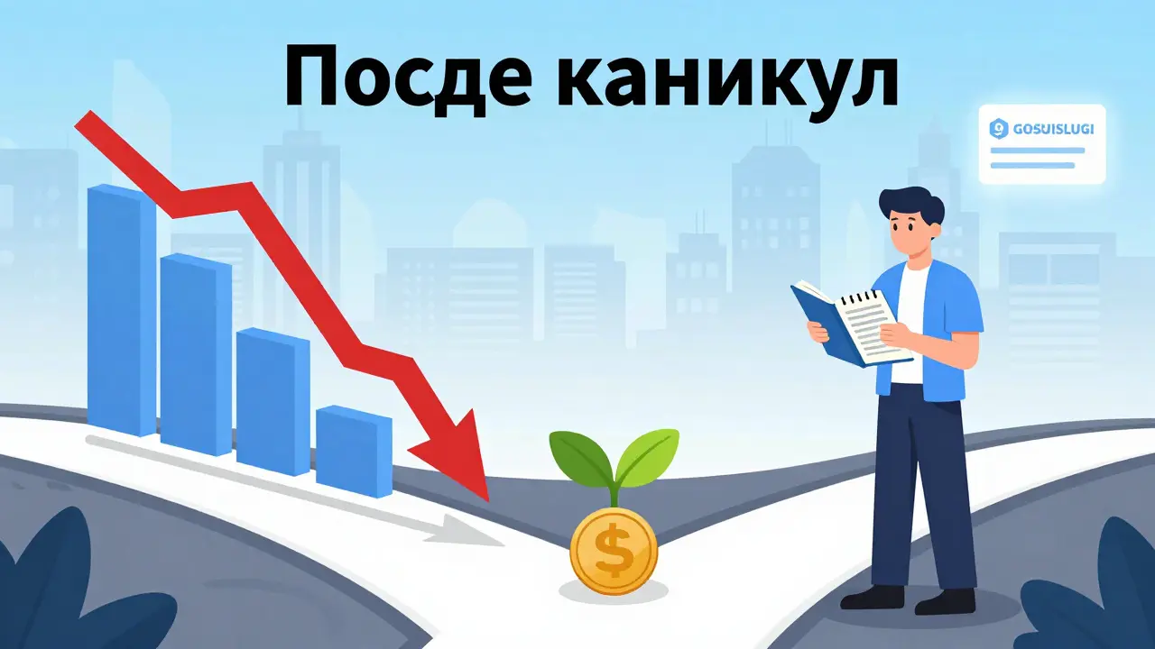 Человек на распутье после кредитных каникул: один путь — долг, другой — работа и бюджет, на фоне портала Госуслуги.