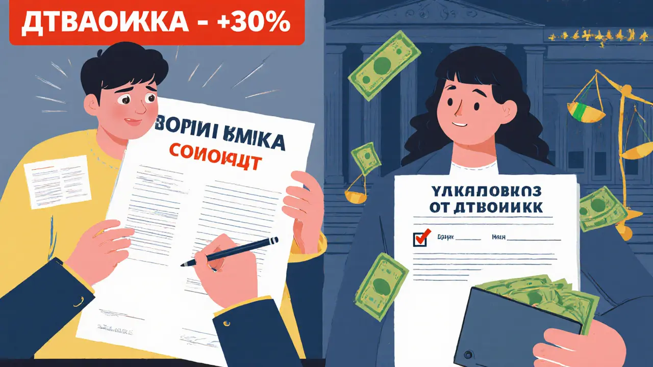 Человек отменяет страховку по кредиту и получает деньги обратно, на фоне весов справедливости.