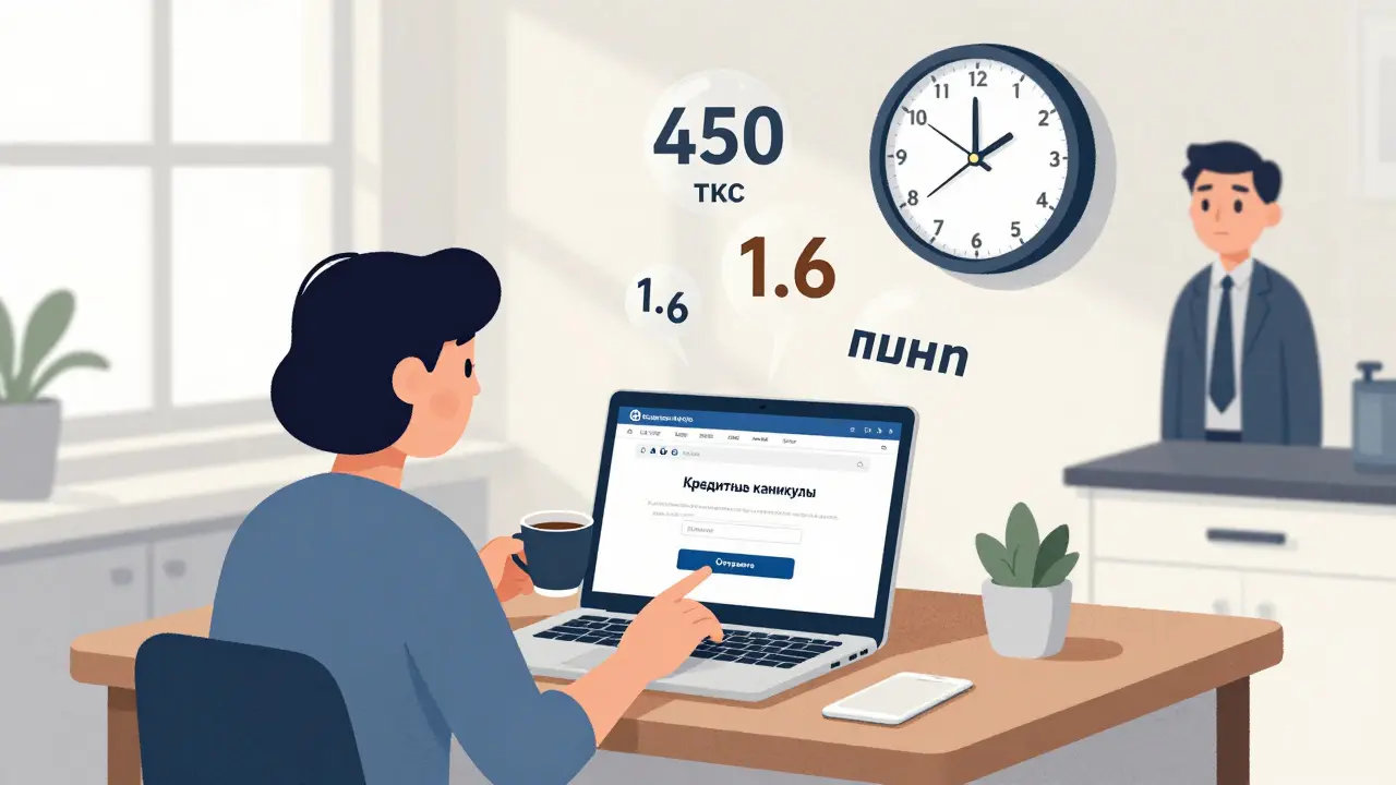 Человек подает заявку на кредитные каникулы через онлайн-банкинг, рядом — лимиты кредита и таймер на 6 месяцев.