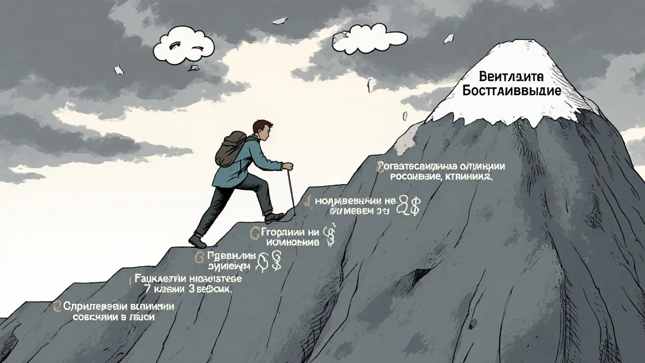 Человек поднимается по горе финансового восстановления, каждый шаг — шаг к одобрению кредита.