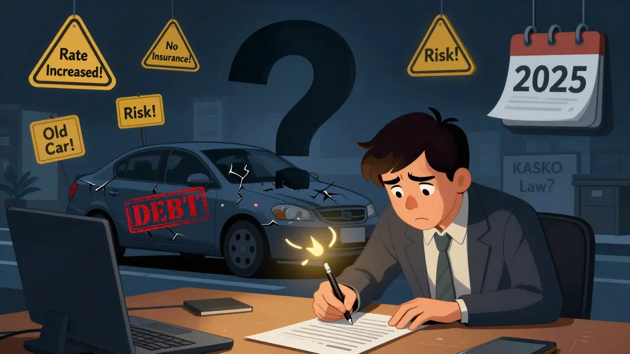 Человек подписывает кредитный договор, вокруг него — предупреждения о рисках без страховки и росте ставки.