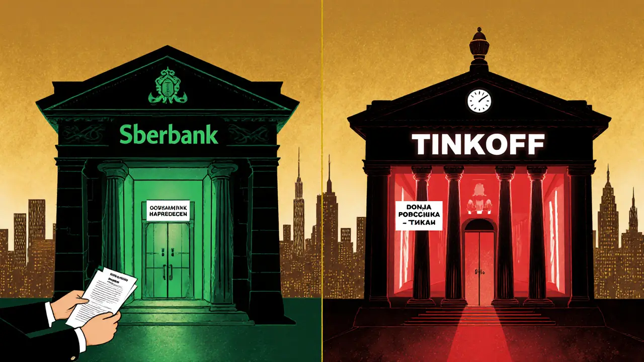 Два банка: один с открытыми дверями и созаемщиком, другой — закрытый с предупреждением о просрочке.