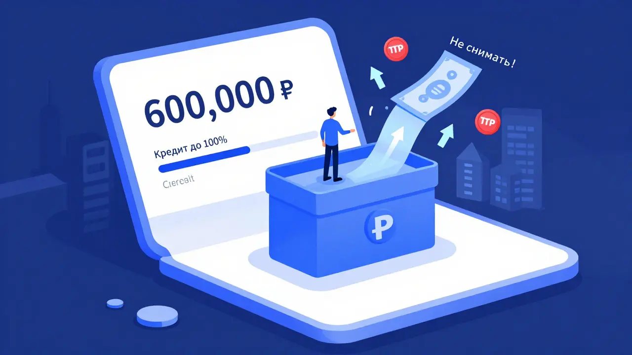 Экран банка с депозитом 600 000₽ и ползунком кредита, человек не трогает счёт, а деньги текут к нему, красные знаки запрета рядом.