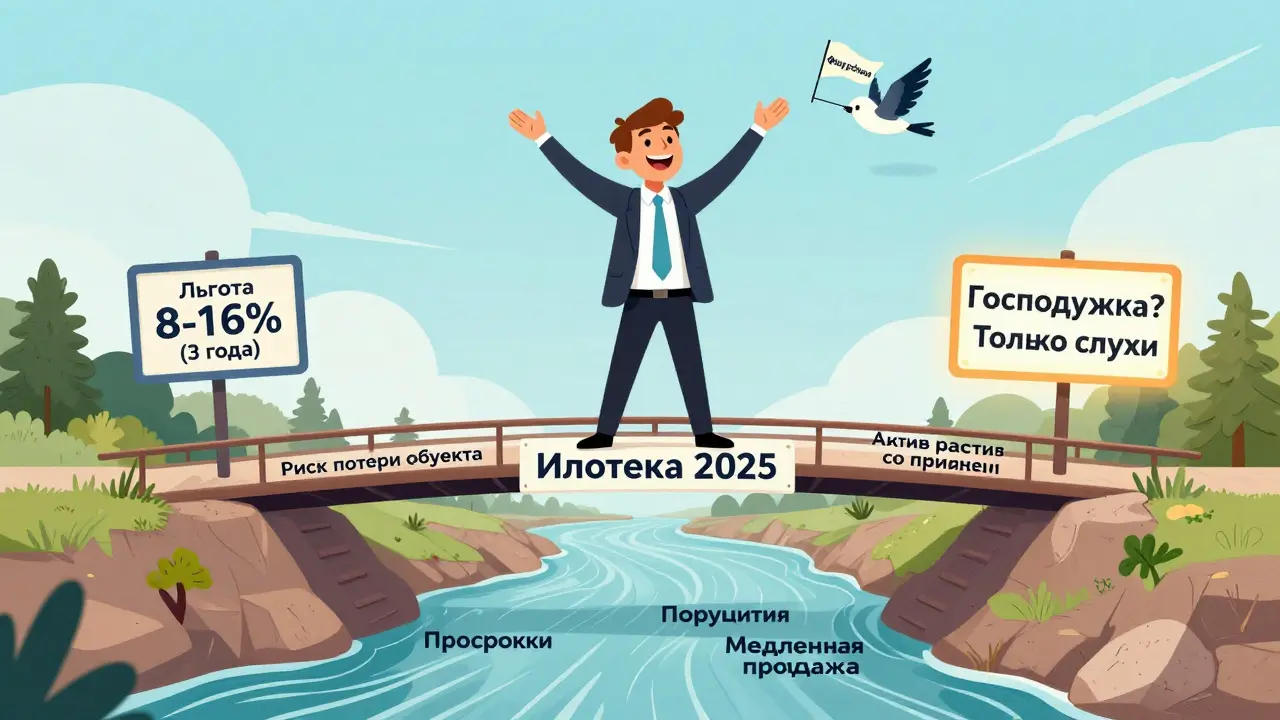 ИП переходит по мосту от рисков к активу, внизу — финансовые опасности, вверху — льготная программа.