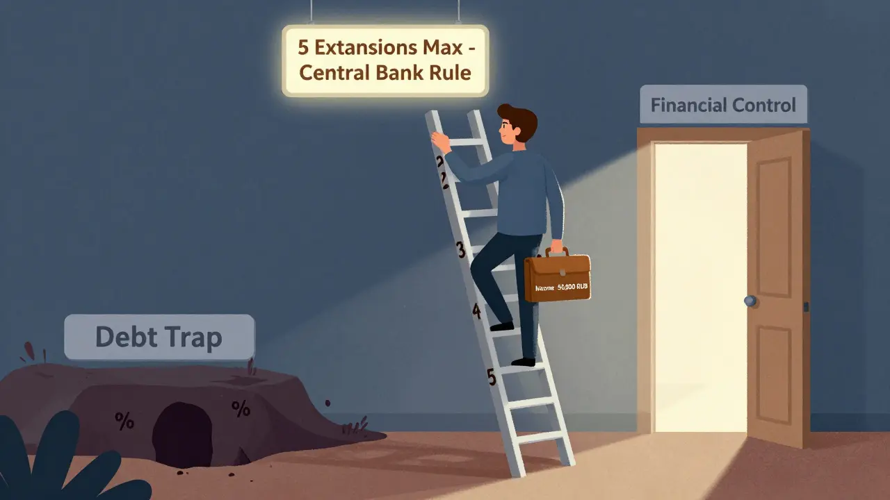 Лестница из пяти продлений займа с растущими процентами, ведущая к финансовой контролю.