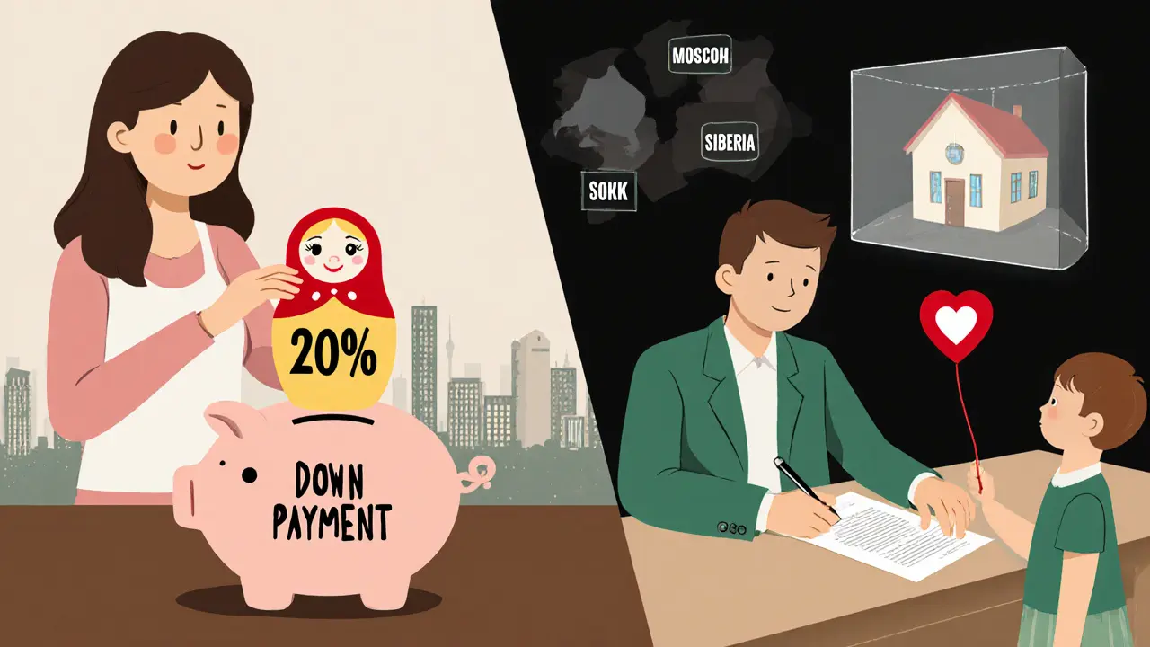 Мать кладёт материнский капитал в копилку, отец подписывает ипотечный договор, в фоне — города и ребёнок-инвалид.