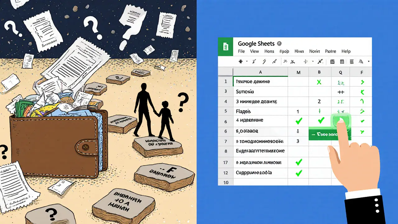От хаоса расходов к организованному бюджету: мусор и чеки слева, чистая таблица с формулами справа.