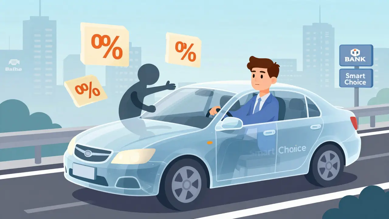 Прозрачная машина с плавающими процентами и скрытыми комиссиями, водитель спокойно смотрит вперёд по дороге.