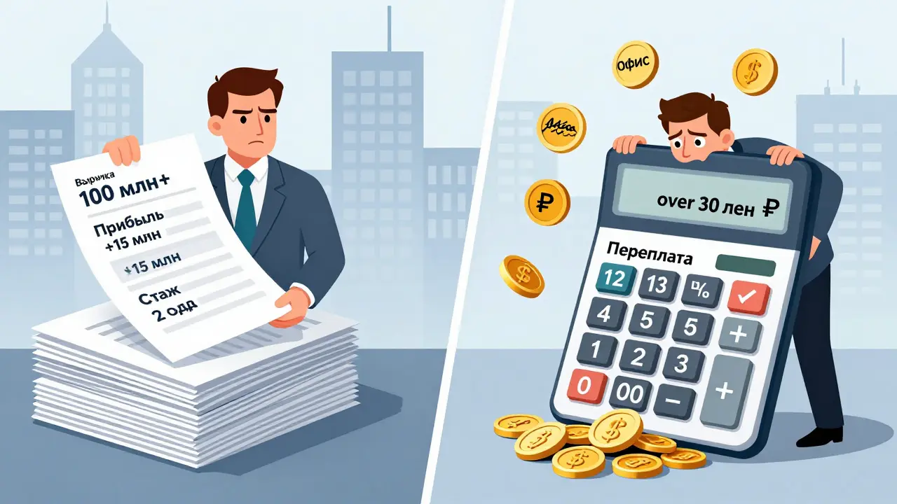 Разделённая сцена: документы для ипотеки слева, огромные переплаты и скрытые расходы справа.