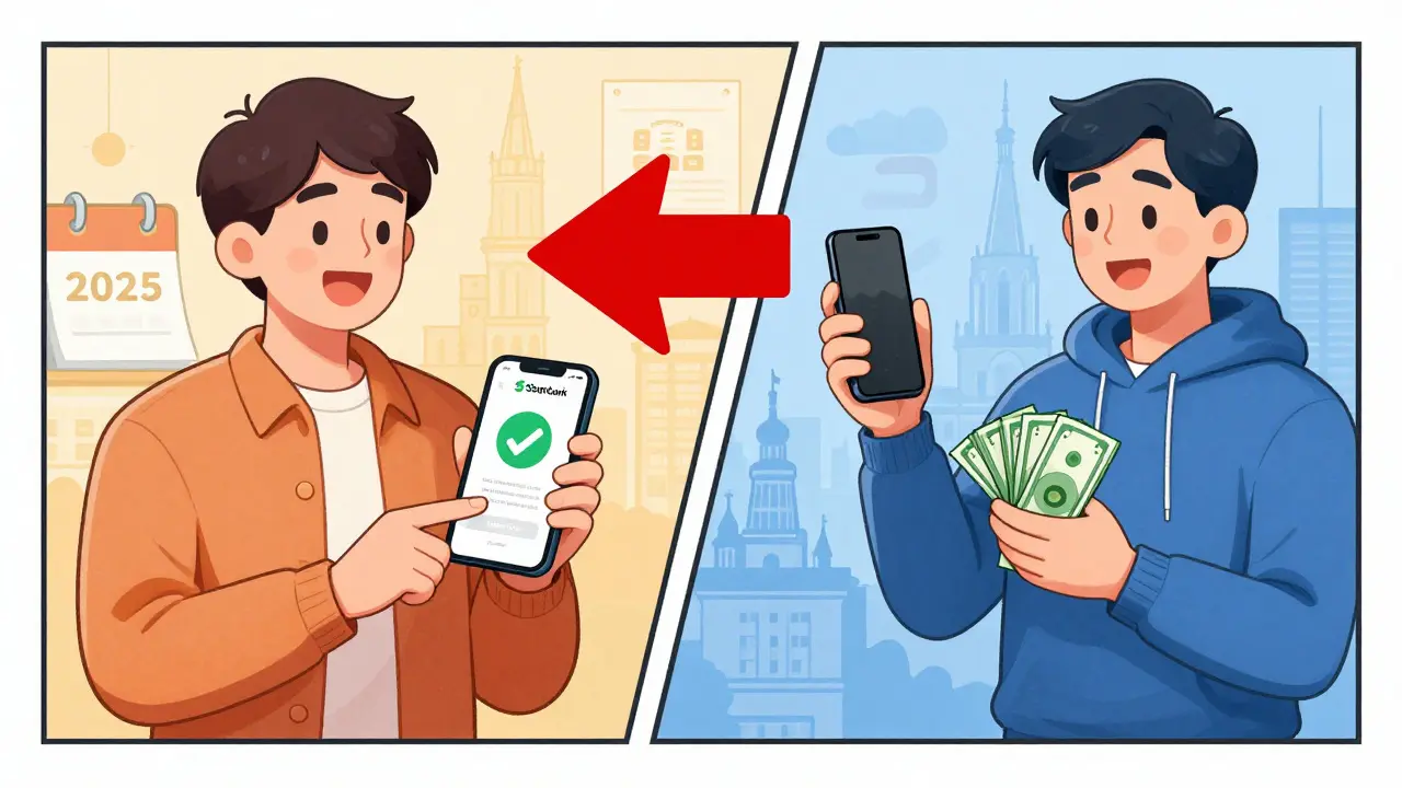 Разделённая сцена: один человек переводит деньги другу, другой получает звонок от мошенника с поддельным номером.