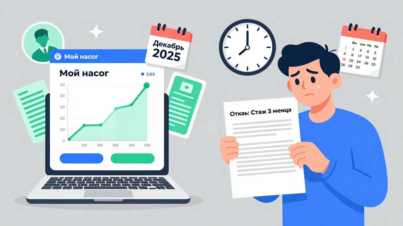 Самозанятый смотрит на календарь: 12 месяцев до подачи ипотеки, справа — отказ.