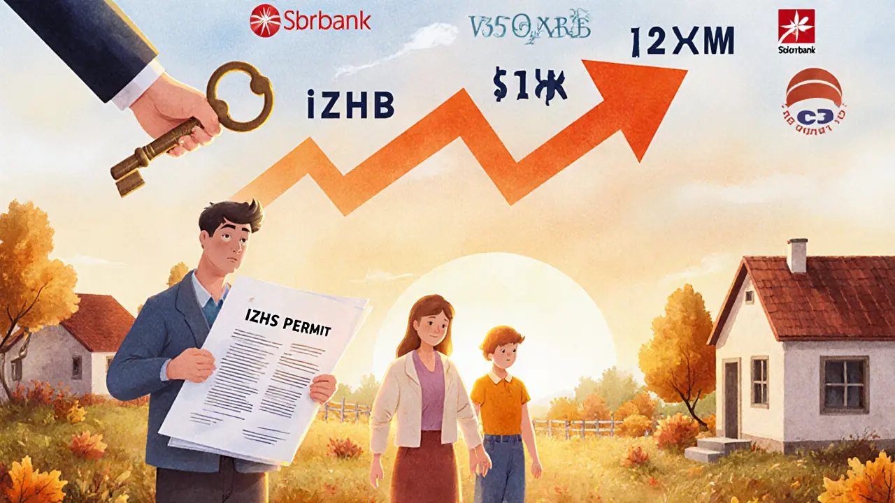 Семья в деревне получает ключ-погремушку, держит план дома с разрешением на строительство, на фоне банковские логотипы.