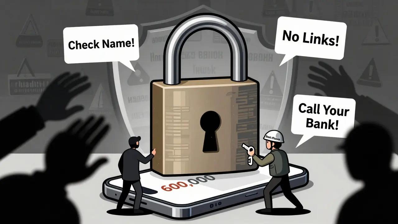 Смартфон с блокировкой двухфакторной аутентификации, мошенники пытаются обойти защиту, вокруг — правила безопасности.